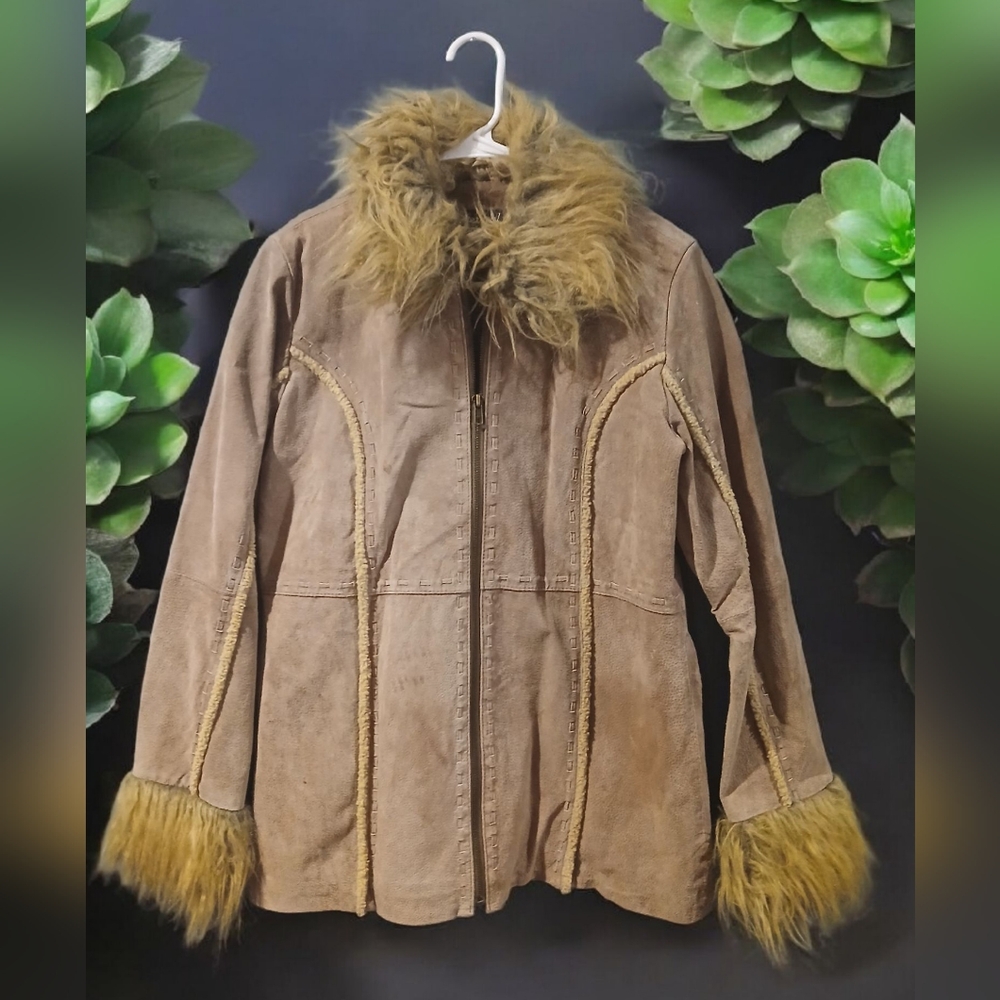 Vtg Y2k Wet Seal Leather Camel Fur Accents Trench Penny Lane Coat Large